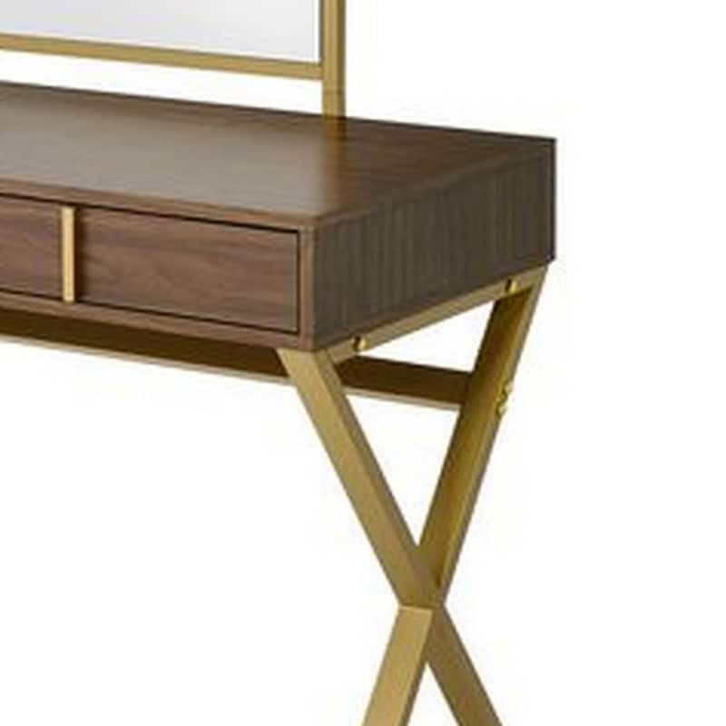50 Inch Classic Arched Mirror Vanity Desk, Wood, X Metal Frame, Brown, Gold