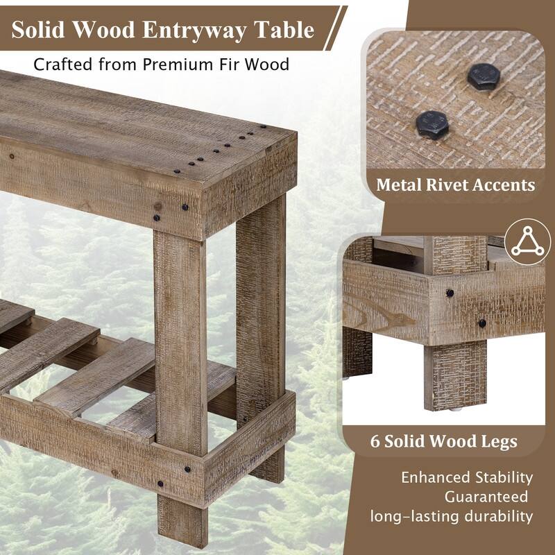 62.9" Vintage Entryway Table - Fir Solid Wood with Natural Grain, 6 Reinforced Legs & 4.5" Thick Desktop