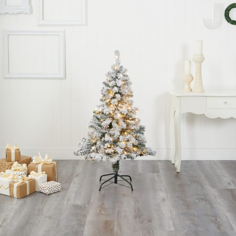 4ft. Flocked Spruce Artificial Christmas Tree with 100 Clear LED Lights - Compact Winter Holiday X-Mas Tree