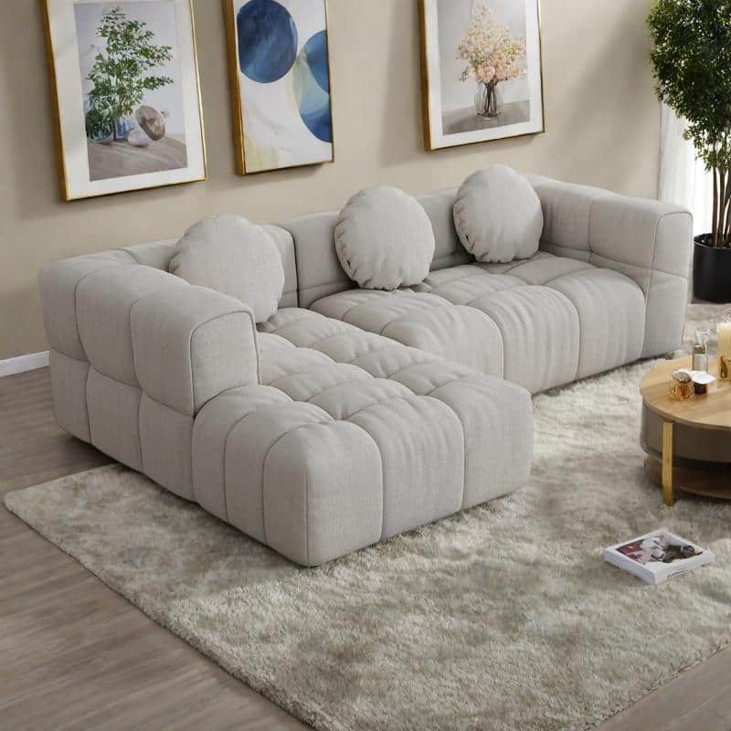 103" Chenille L-Shaped Sectional Sofa with Left Recliner, 3 Pillows and Modular Design - Off White
