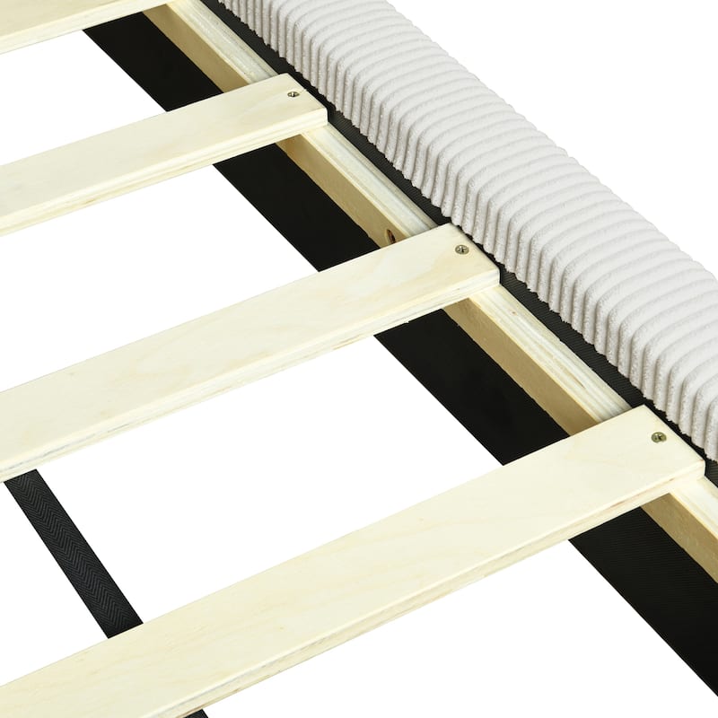 L-Shaped Backrest Bed Frame, Corduroy Upholstered Daybed, Wood Low Profile Panel Bed for Bedroom