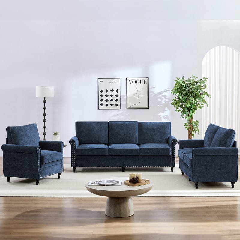Mixoy 3Piece Chenille Living Room Sofa Set,Modern 3-Seater Sofa Couch&Loveseat Sofa&Single Sofa Armchair Set,Unique Riveted Look