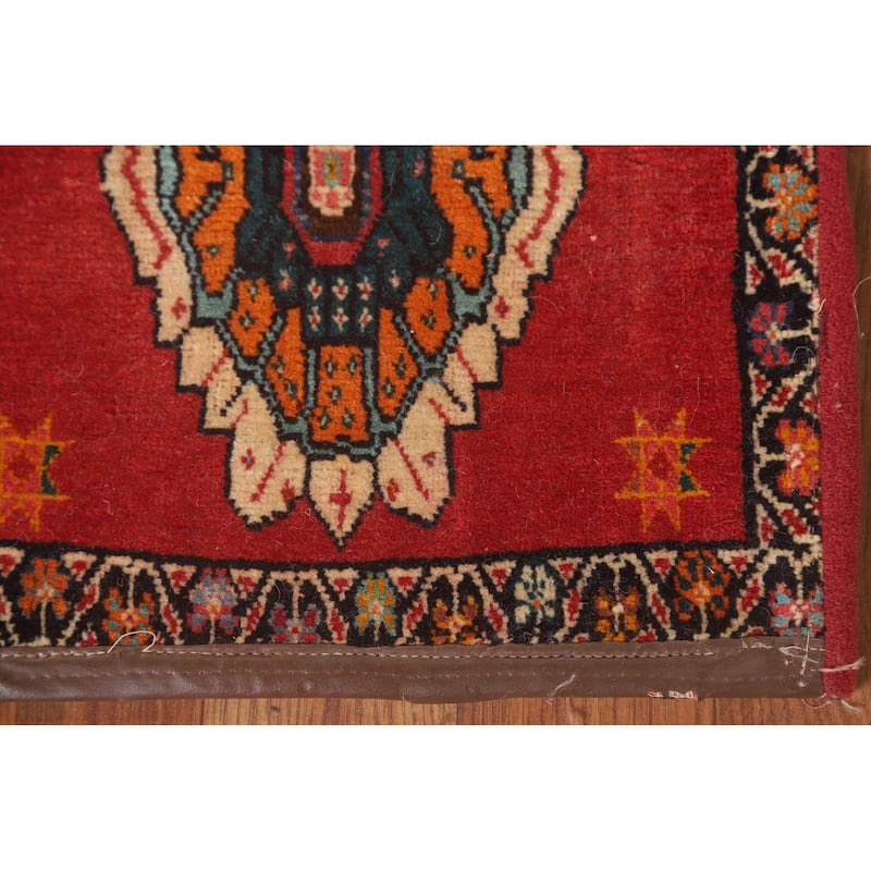 Red Geometric Saddle Bag Persian Accent Rug Hand-Knotted Wool Carpet - 1'1" x 2'7"