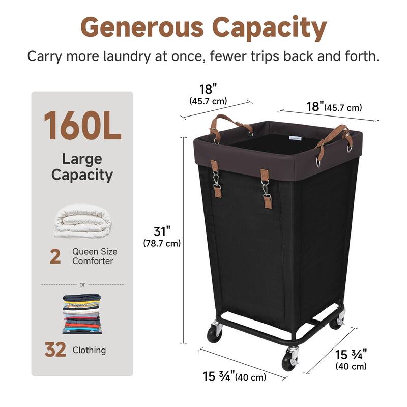 160L Laundry Hamper With Wheels, Large Clothes Laundry Basket With Steel Frame for Home, Closet, Dorm, Bathroom, Laundry Room