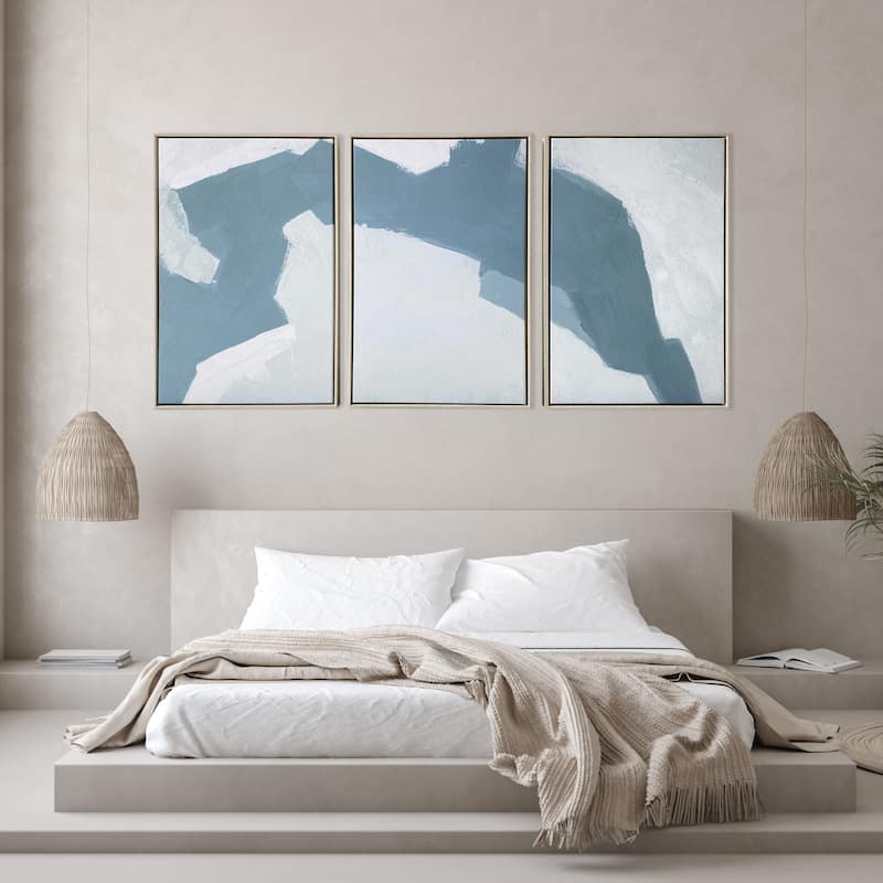"Abstract Blues" 3 Piece Set Print on Natural Wood Floating Framed Canvas Wall Art