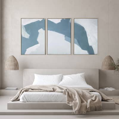 "Abstract Blues" 3 Piece Set Print on Natural Wood Floating Framed Canvas Wall Art