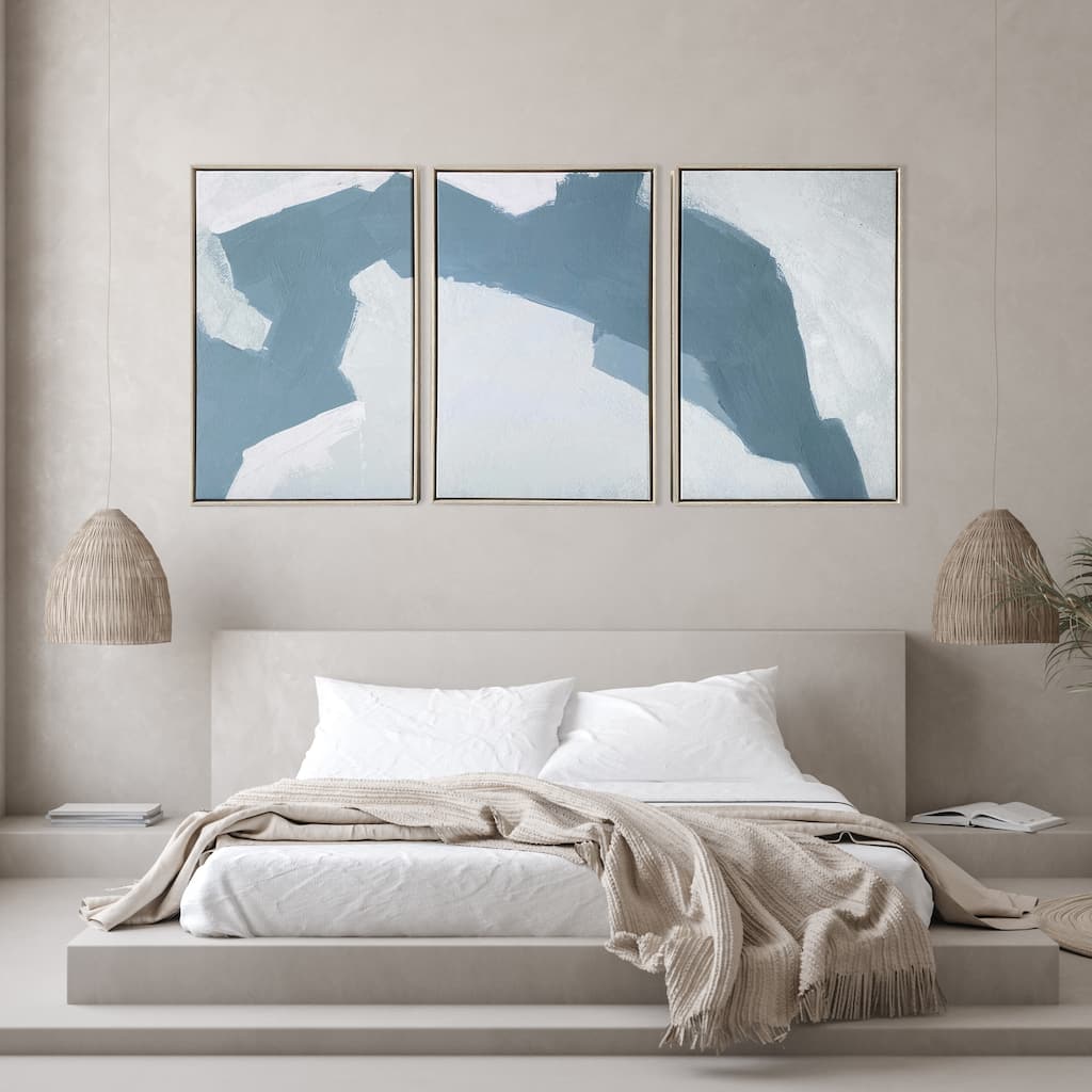 "Abstract Blues" 3 Piece Set Print on Natural Wood Floating Framed Canvas Wall Art