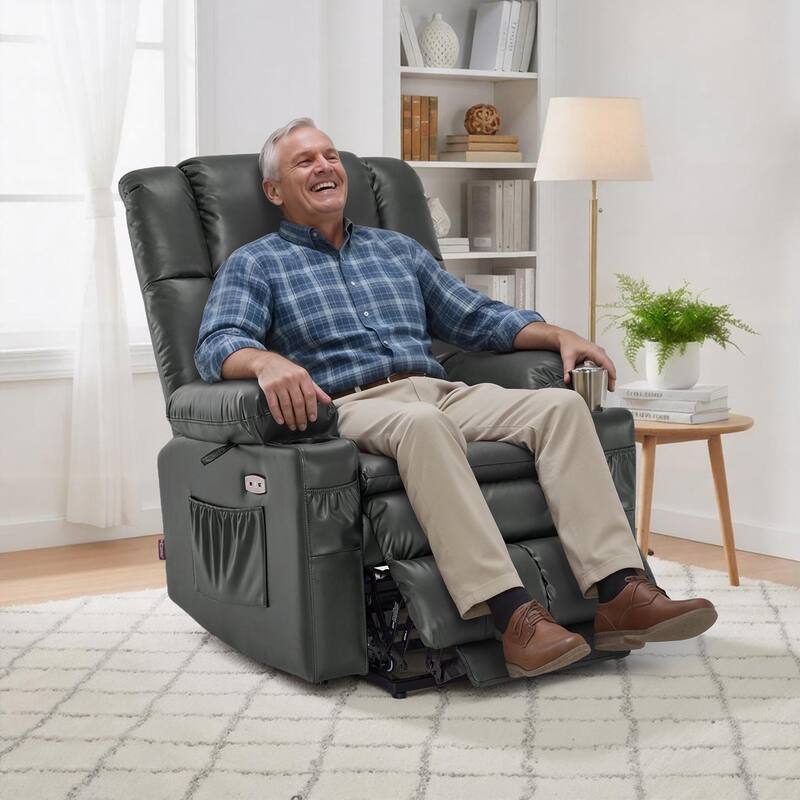 MCombo Medium Dual Motor Power Lift Recliner Chair Infinite Position, Massage and Heat, Extended Footrest, Faux Leather 7890