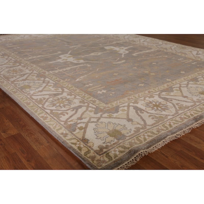 Earth Tone Oushak Indian Area Rug Handmade Floral Wool Carpet - 7'11" x 10'1" - Grey - 7'11" x 10'1"