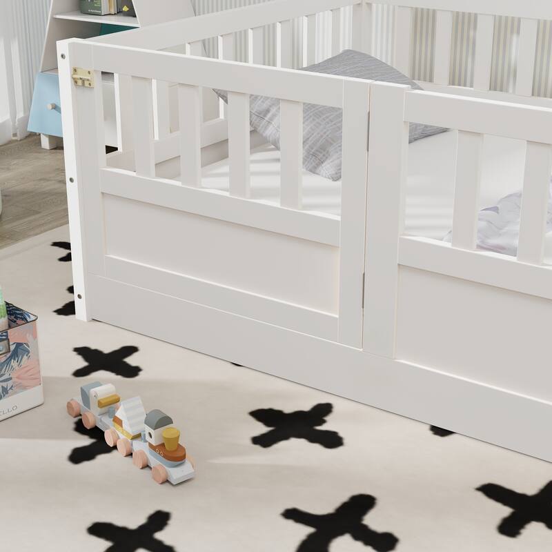 Children's Twin Floor Bed with Safety Guardrails & Door, Montessori Wooden Bed Frame for Bedroom Play Area