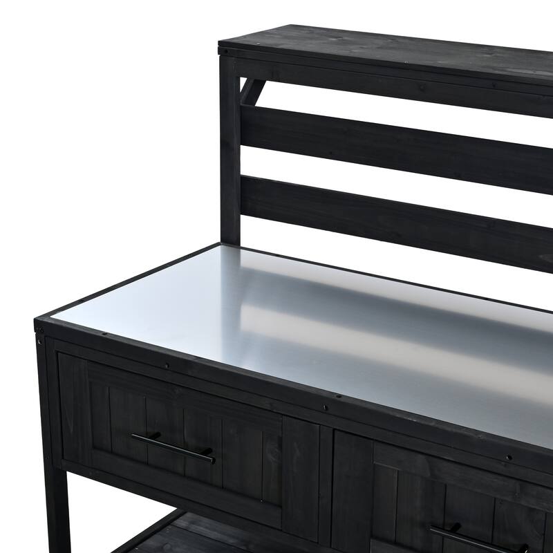 Solid Wood 62.3'' Patio Kitchen Island Kitchen Cart with Stainless Table Top, Garden Potting Bench with Raised Shelf and Drawers