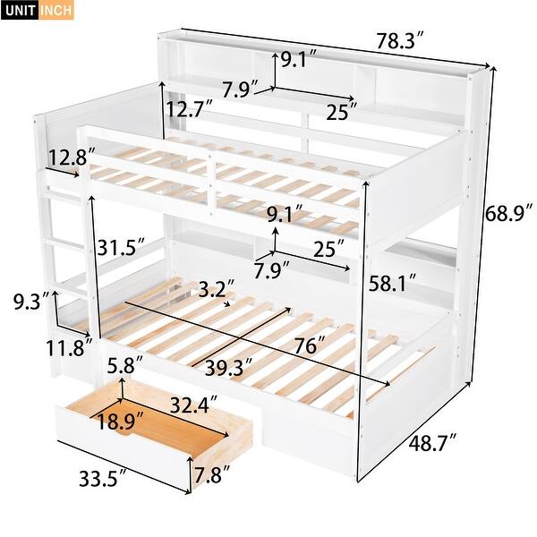 dimension image slide 0 of 2, Twin Bunk Bed with All-in-one Cabinet Shelf Beside Both Upper Bed and Down Bed, Drawers Underneath - Twin over Twin Bed
