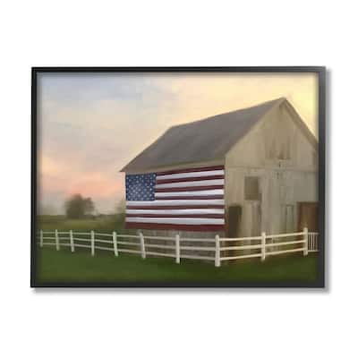 Stupell American Flag Rural Barn Sunset Farm Landscape Framed Wall Art, Design by Amy Hall - Multi