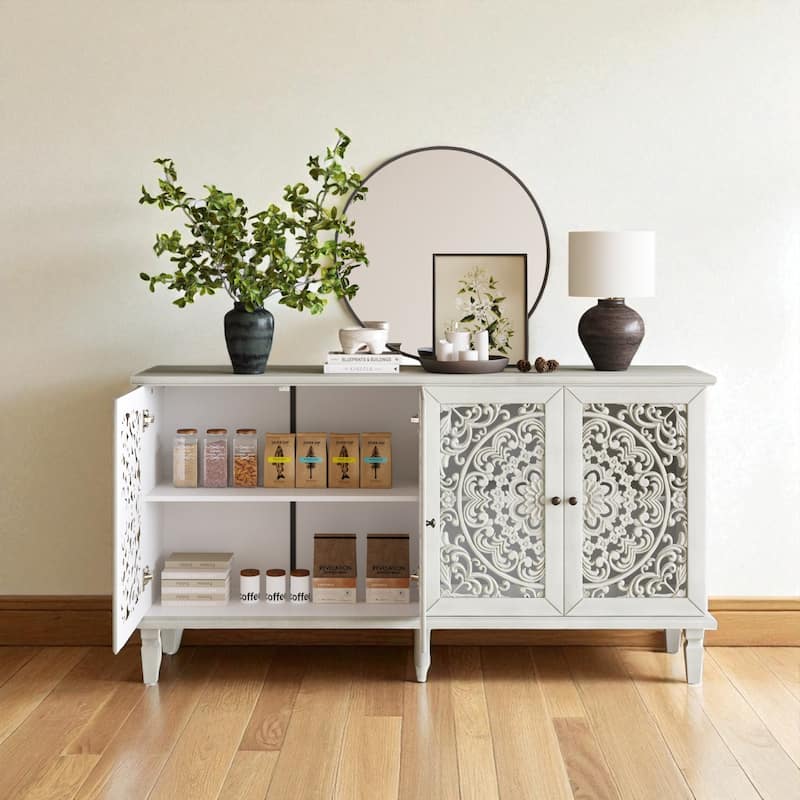 60" Antique Buffet Sideboard with Floral Carvings, Solid Wood Legs, Brass Handles & Adjustable Shelves, TV Stand up to 65"