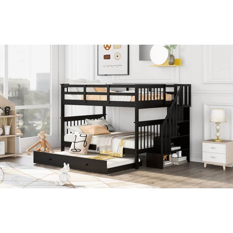 Stairway Bunk Bed with Trundle, Storage and Guard Rail for Bedroom, Dorm