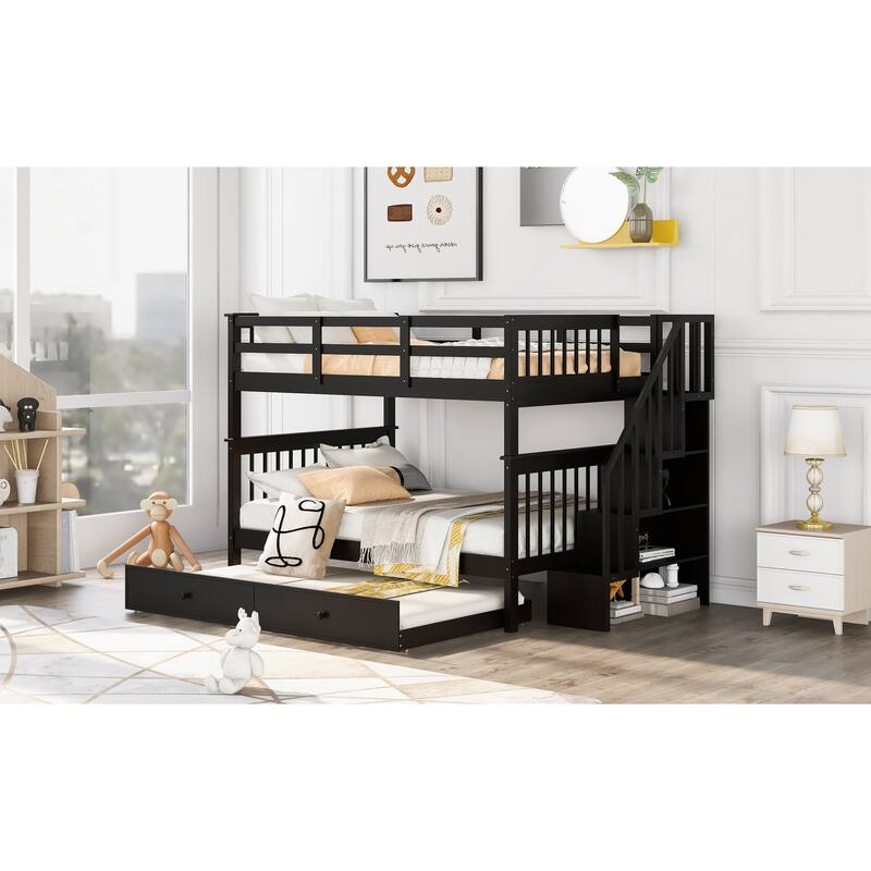 Stairway Bunk Bed with Trundle, Storage and Guard Rail for Bedroom