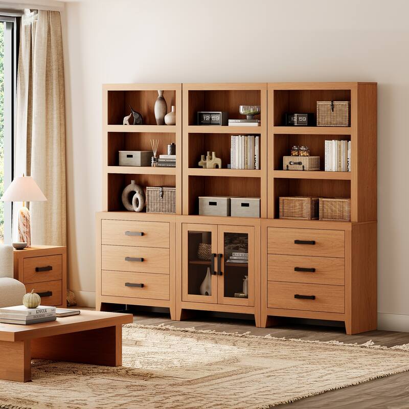 WAMPAT 74" Tall Bookshelf with Glass Doors and Drawers, 3-Tier Farmhouse Storage Cabinet