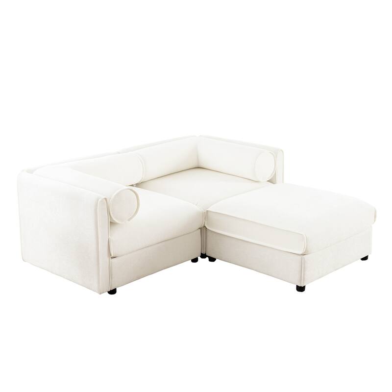 75.5" Chenille 2-Seater Sofa with Ottoman Storage & Cylindrical Backrest