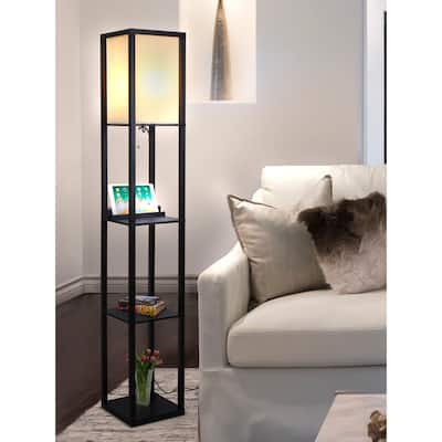 Brightech Maxwell 63 in. Classic Black Modern USB and Wireless Charging LED Floor Lamp with White Fabric Square Shade