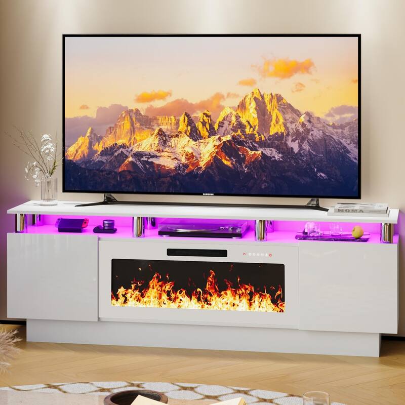 BOSSIN 70" Modern Electric Fireplace TV Stand, with Electronic Flame and LED Lights, High Gloss Finish Entertainment Center - New-White