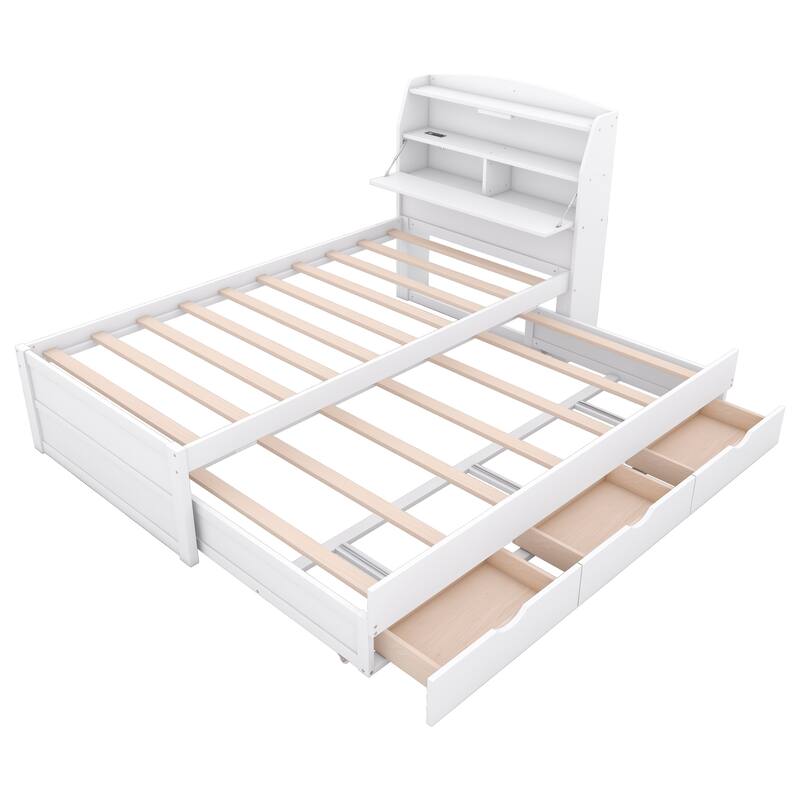 White Twin Size Wooden LED Platform Bed with Trundle,Storage Headboard and Drawers for Bedroom