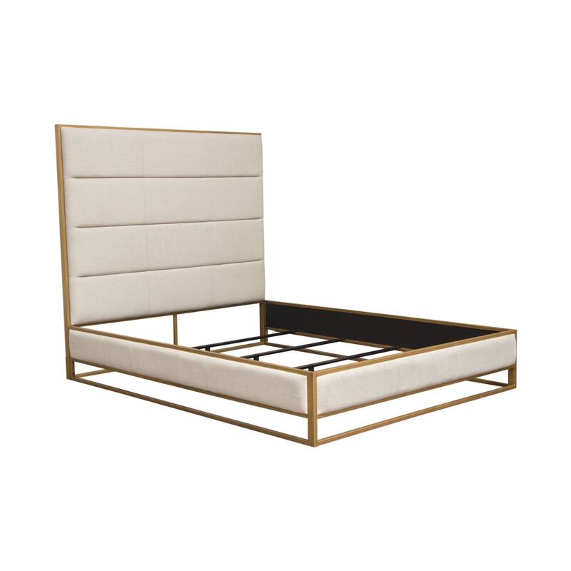 Chek King Size Bed w Channel Tufted Upholstery, Sand Brown, Gold Metal