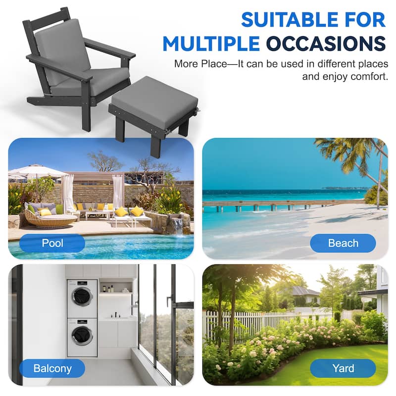 Outdoor Patio HDPE Chair Set with a Movable Ottoman & Removable Cushions