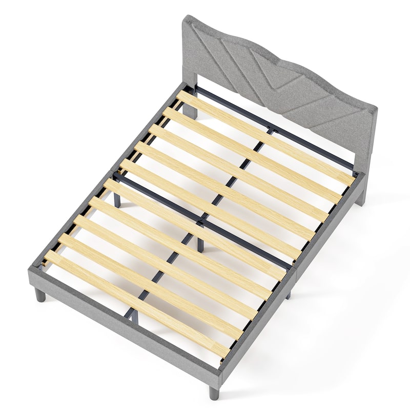 Queen Size Upholstered Bed Frame with Wooden Slats, Padded Headboard, Heavy-Duty Support, No Box Spring Required