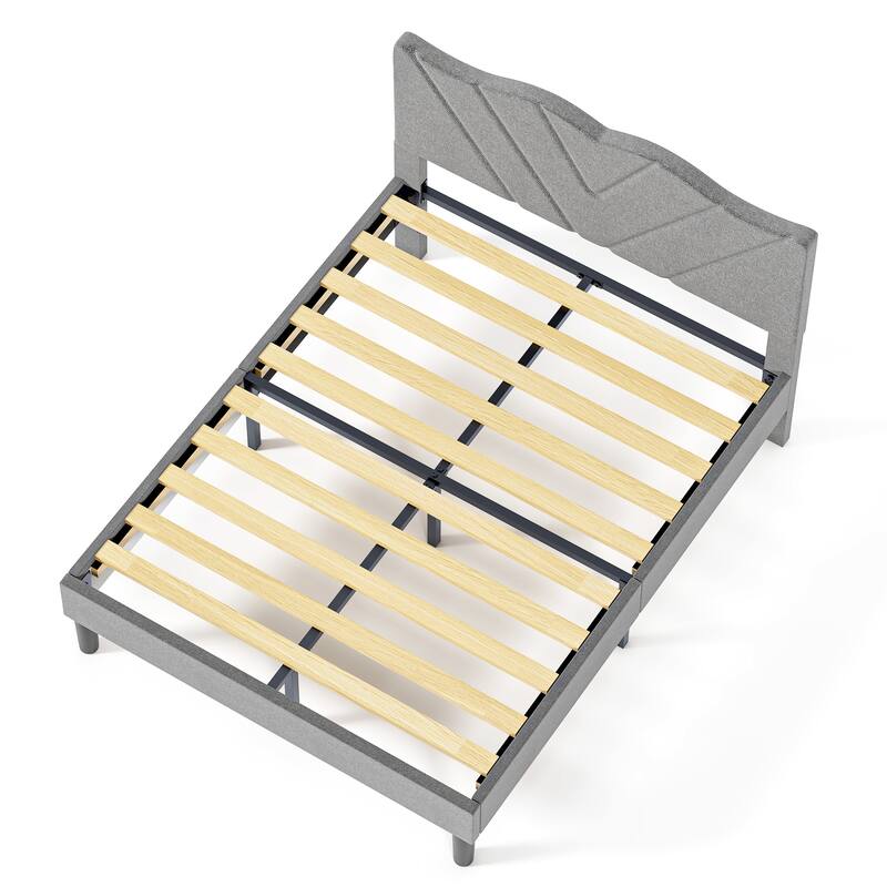 Upholstered Platform Bed, Twin Size, Grey with Padded Headboard & Heavy-Duty Metal Frame