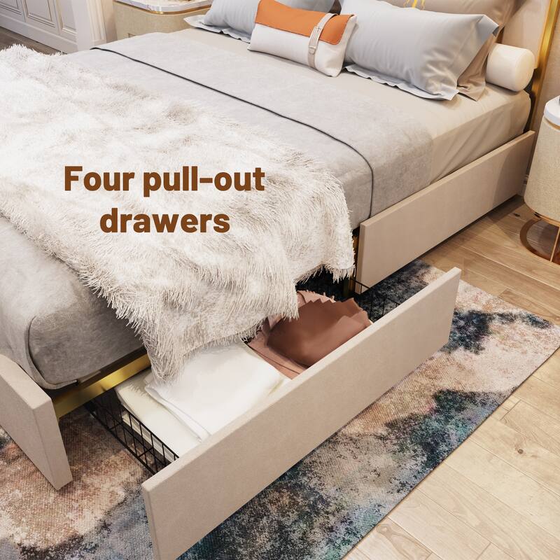 Queen Size Bed Frame with Tall Headboard, Upholstered Platform Bed w/ Golden Plating Trim & Slats Support, No Box Spring Needed