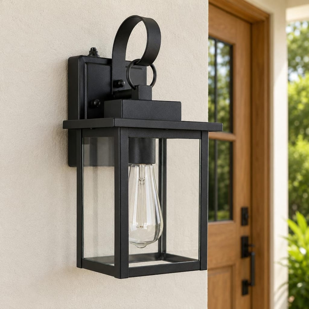 Maxax 1‑Light Dusk to Dawn Outdoor Wall Lantern Black Metal Clear Glass Wall Sconce for Porch Patio Garage Entryway