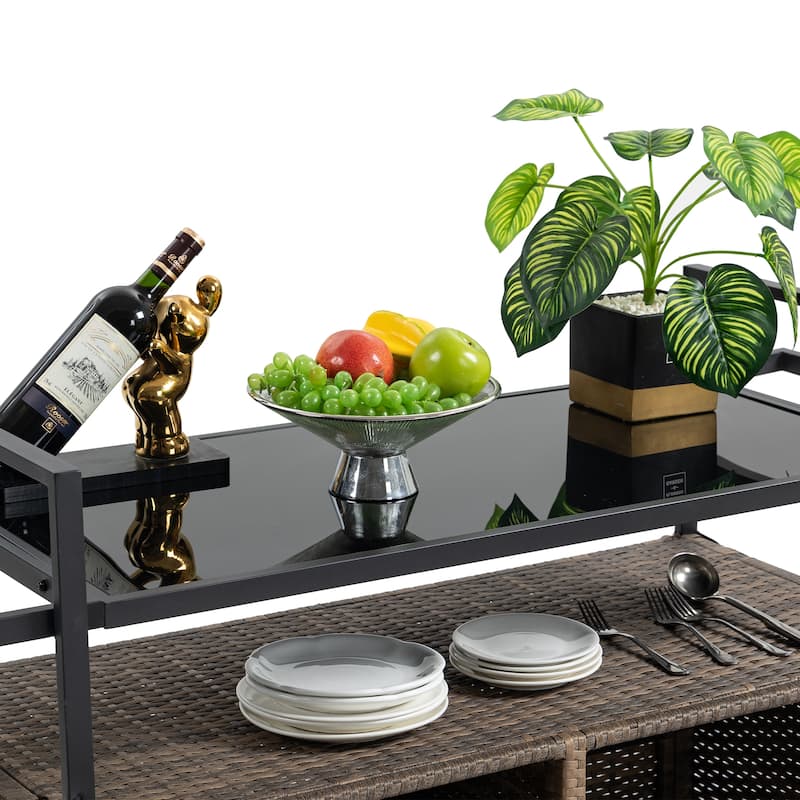 Outdoor Patio Wicker Bar Cart with Storage Cabinet and Glass Top, Rolling Rattan Beverage Bar Table w/360掳 Wheels & Open Shelve