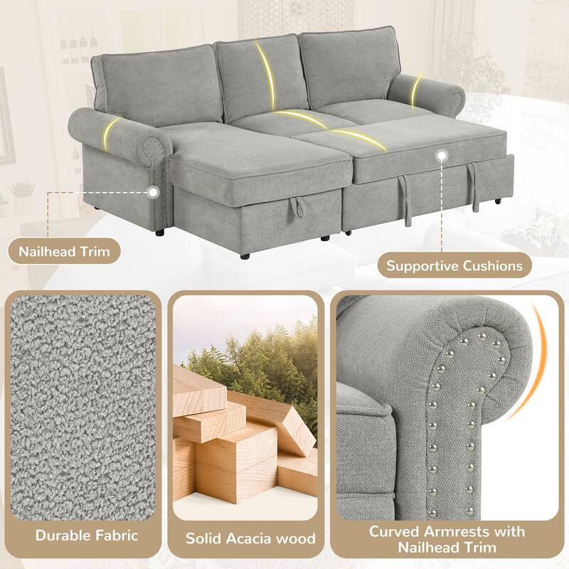 95" Convertible Sectional Sleeper Sofa with Storage Chaise, Pull-Down Tray & Cup Holders, Acacia Wood Frame (Polyester)