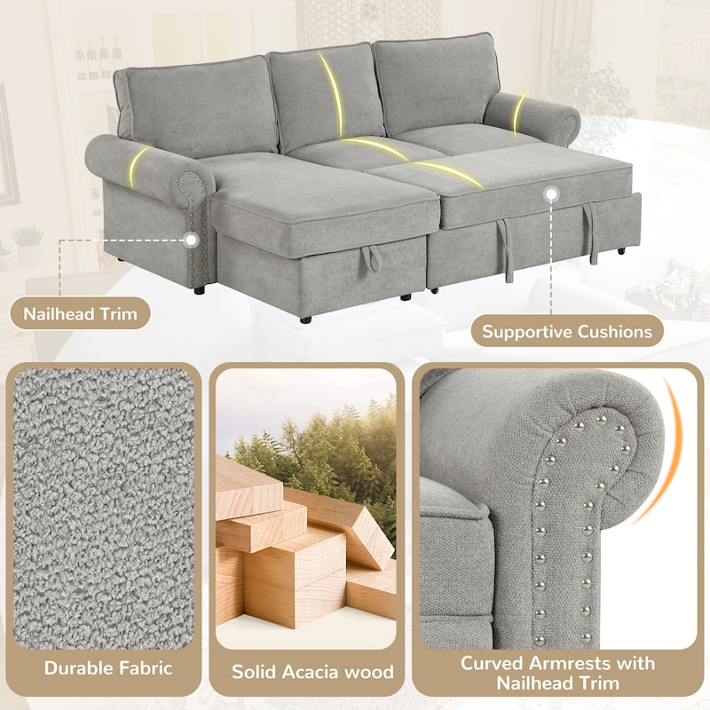 Convertible Sectional Sleeper Sofa with Storage Chaise, Pull-Down Backrest, Dual Cup Holders, Arc Armrests and Nailhead Trim