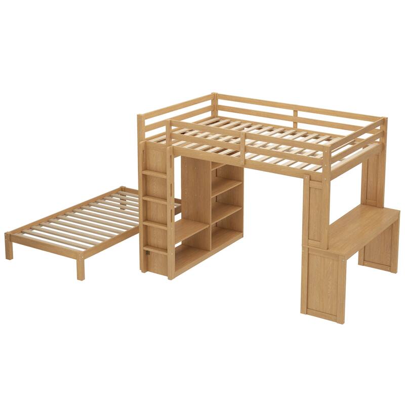 Queen Size Loft Bed & Twin Size Platform Bed Set, Wood Bunk Bed with Built-in Desk, Open Shelves and Wardrobe, Queen Over Twin
