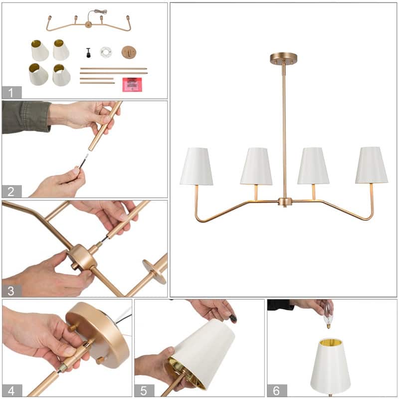 Modern 4-Light Gold White Chandelier Linear Island Light with Fabric Shade - W35.5"xD5.5"xH12.6"