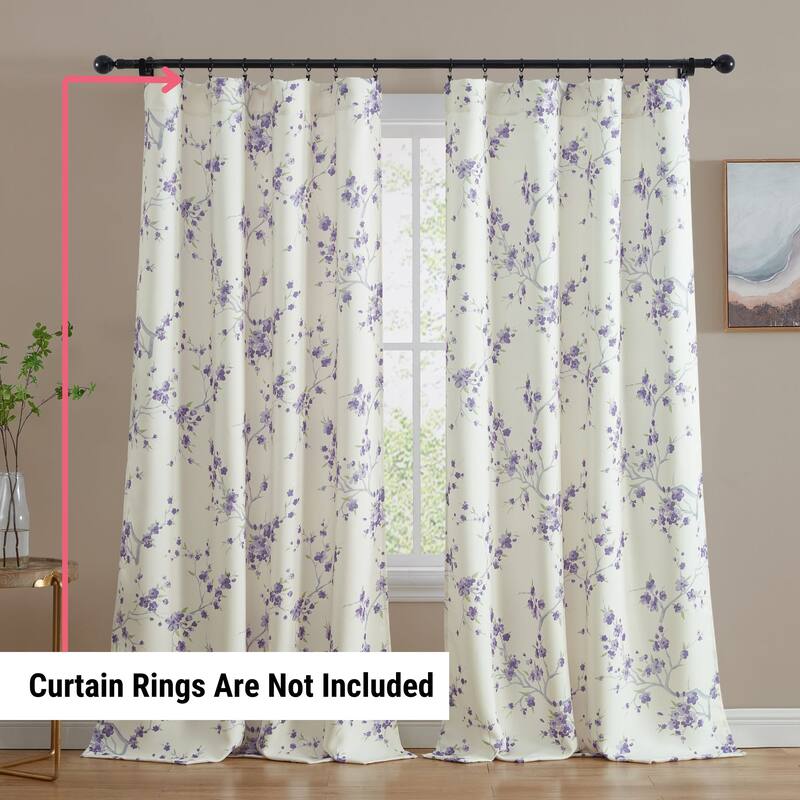HLC.me Jasmine Floral Light Blocking Curtain Rod Pocket Pole Top Panels - Set of 2