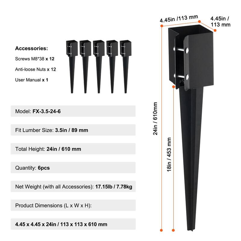 Fence Post Anchor Ground Spike, Outer Diameter (Inner Diameter 3.5 x3.5 Inches), Metal Black Powder Coated Post Stake Ground