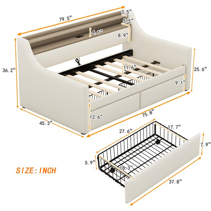 Twin Size Daybed with Storage Drawers, Charging Station and LED Lights