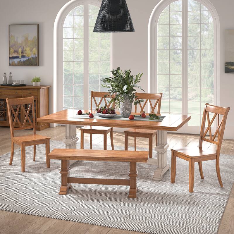 Ronda 78.7" Rectangular Solid Wood Top Dining Set with X-Back Chairs - Antique White Table - Oak Chairs and Bench
