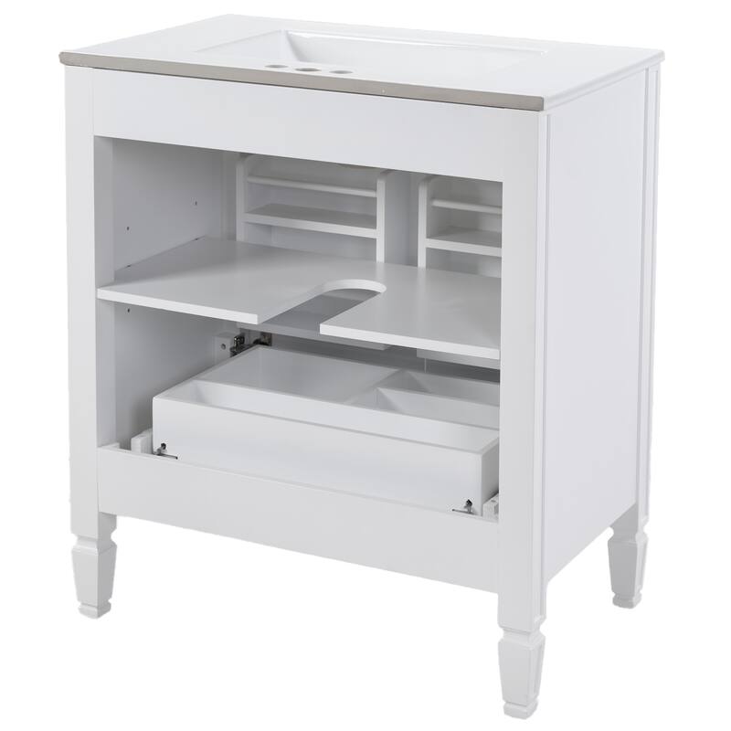Bathroom Vanity with Ceramic Sink, Solid Wood Bathroom Cabinet, Storage Cabinet with 2 Soft-Close Doors & Adjustable Shelf