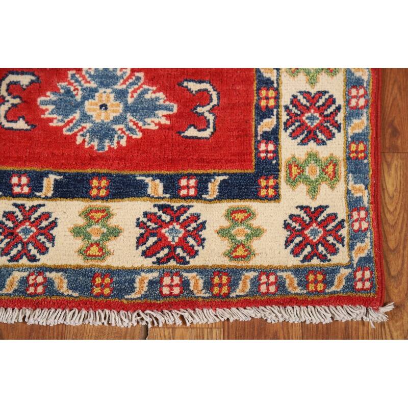 Red Geometric Kazak Foyer Rug Handmade Wool Carpet - 2'0" x 3'0"
