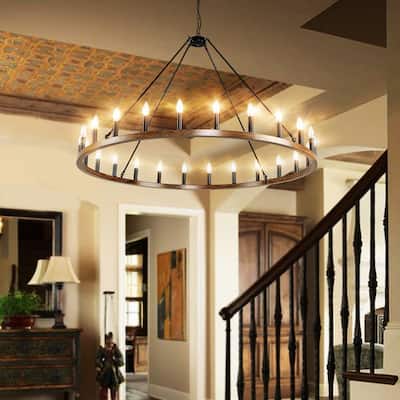 24-Light Modern Farmhouse Light Wagon Wheel Chandelier 54 Inch.