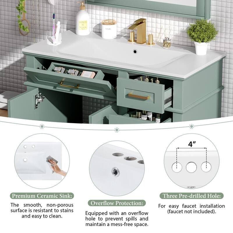 36" Modern Bathroom Vanity with Ceramic Sink, Soft-Close Door, and 4 Storage Drawers