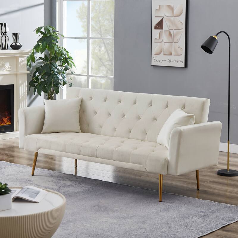 Velvet Futon Sofa Bed with Metal Legs & 2 Pillows