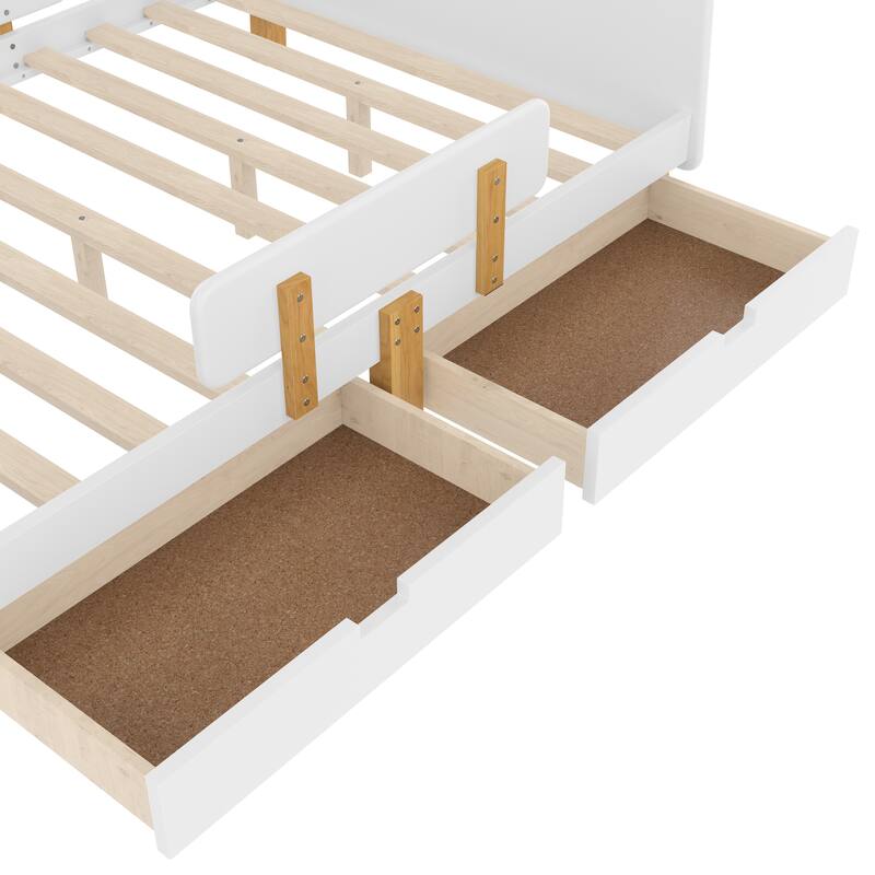 Full Size Platform Bed with Storage Drawers, Solid Wood Beds Frame with Bed Guardrail, Small Shelf, and Hooks