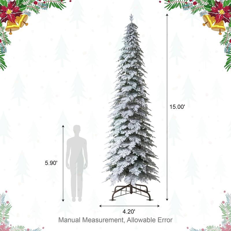 Glitzhome 15 Foot Pre-Lit Flocked Pencil Spruce Artificial Christmas Tree with 1400 LED Lights - 15ft