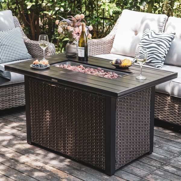 slide 2 of 8, Outdoor 44 Inch 50,000 BTU Propane Gas Rattan Fire Pit Table, Aluminum Top