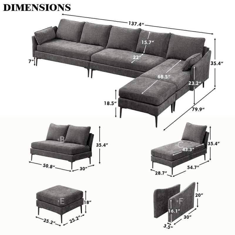 Modern Chenille Sectional Sofa with Reversible Chaise and Ottoman, Perfect for Living Rooms with Sleeper Function