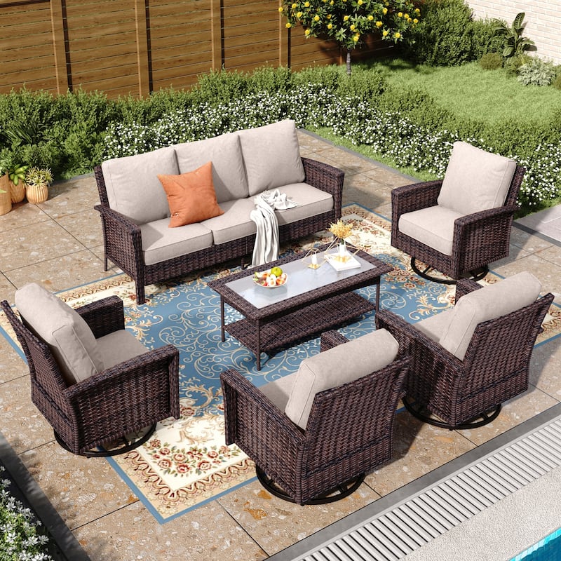 MAISON ARTS Extra-Large Patio Wicker Sofa Conversation Set with Coffee Table, Oversize Seat with 5.5'' Thick Padded Cushion - 7 Seats + 47'' Table - Beige